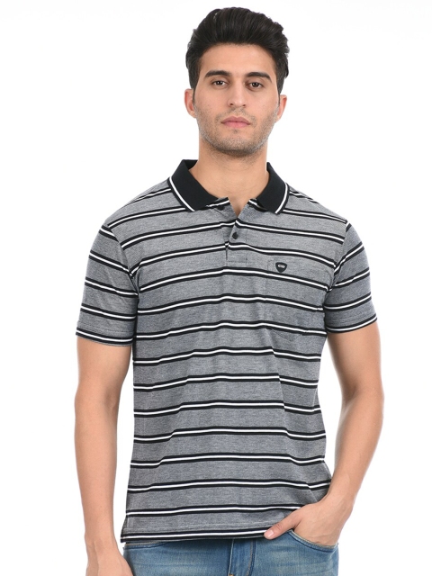 

Cloak & Decker by Monte Carlo Men Grey Striped Polo Collar T-shirt