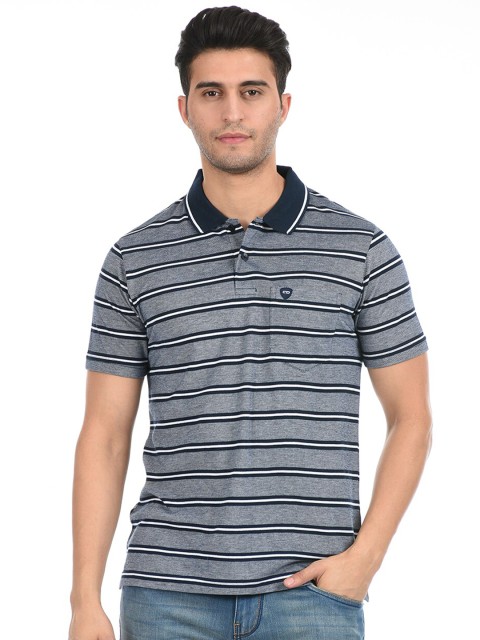 

Cloak & Decker by Monte Carlo Men Grey & Navy Blue Regular Fit Striped Polo Collar T-shirt