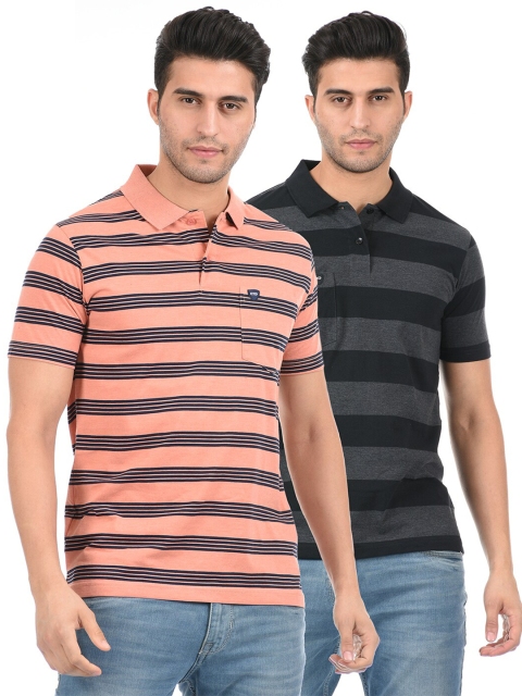 

Cloak & Decker by Monte Carlo Pack of 2 Men Peach & Black Striped Cotton T-shirt