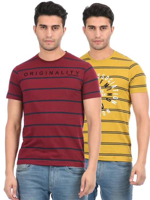 

Cloak & Decker by Monte Carlo Men Pack of 2 Maroon & Yellow Striped T-shirt
