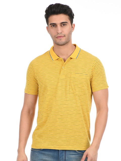 

Cloak & Decker by Monte Carlo Men Yellow Striped Polo Collar Cotton T-shirt