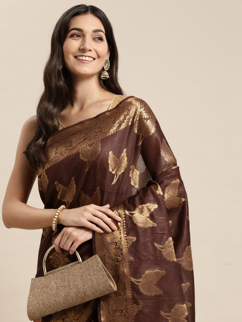 

swatika Brown & Gold-Toned Floral Zari Silk Blend Bhagalpuri Saree