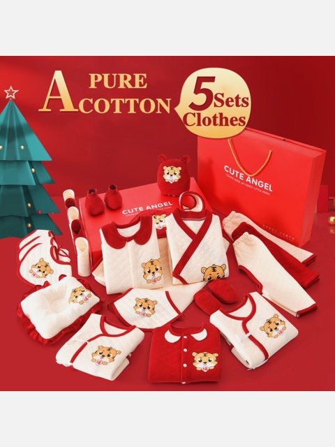 

Little Surprise Box LLP Unisex Kids Red Printed Baby Apparel Gift Set