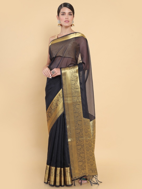 

Soch Women Navy Blue & Gold-Toned Zari Organza Solid Saree