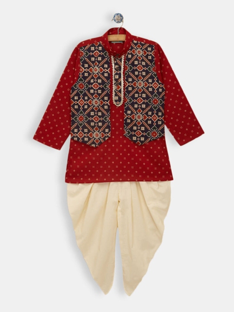 

Hopscotch Boys Red Ethnic Motifs Embroidered Pure Cotton Kurti with Dhoti Pants