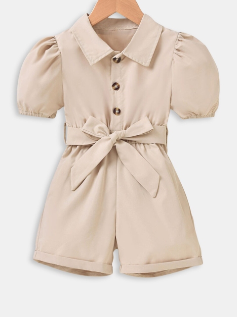 

Hopscotch Girls Beige Shirt Collar Puff Sleeves Jumpsuit