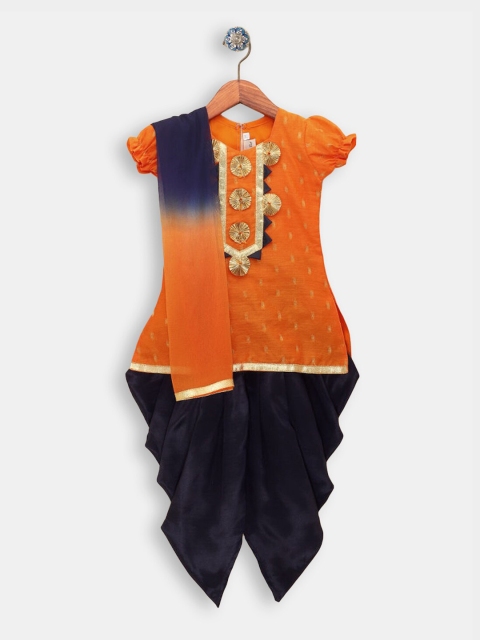 

Hopscotch Girls Orange Yoke Design Kurti with Dhoti Pants & With Dupatta