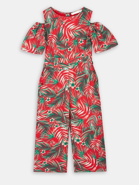 

Hopscotch Girls Red & Green Printed Cold Shoulder Basic Jumpsuit