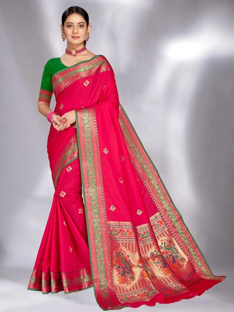 

MS RETAIL Magenta & Green Ethnic Motifs Zari Paithani Saree