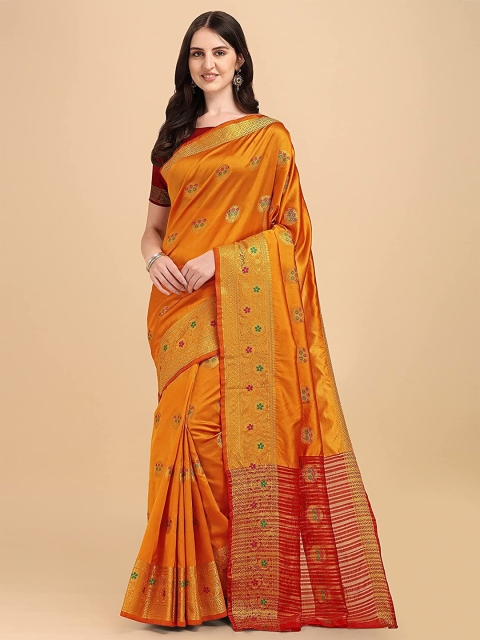 

Naishu Trendz Yellow & Green Woven Design Zari Pure Silk Kanjeevaram Saree