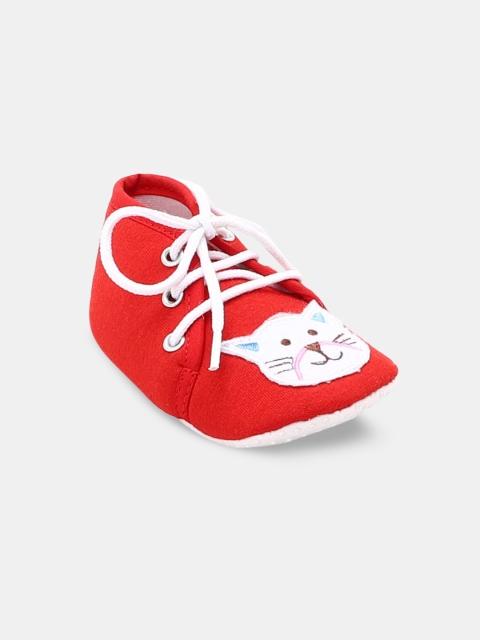 

Hopscotch Infant Kids Red & White Solid Cotton Booties