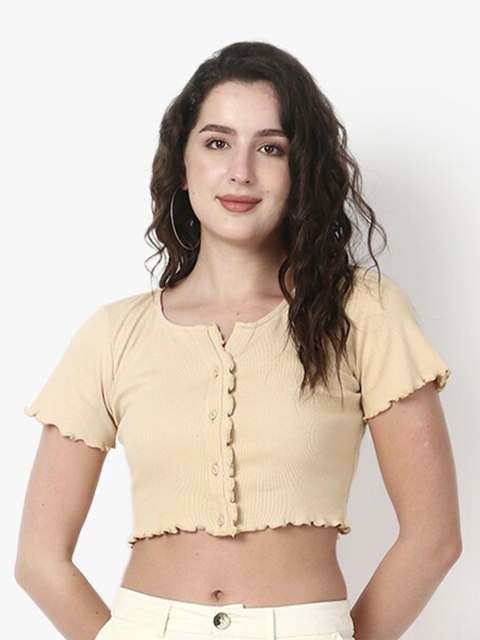 

Again fashions Women Cream Solid Pure Cotton Crop Top