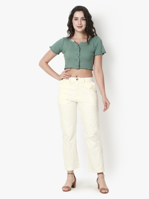

Again fashions Women Green Solid Pure Cotton Crop Top