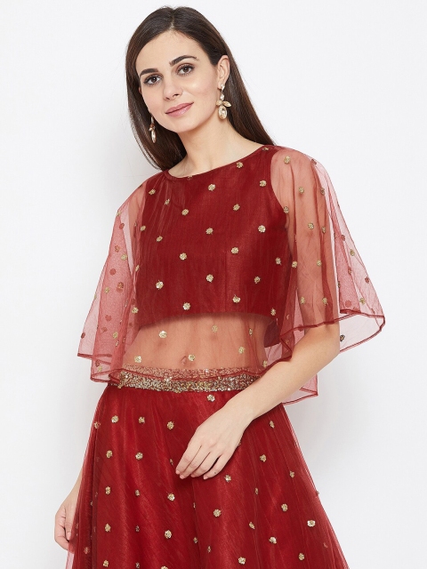 

studio rasa Women Red Embellished Net Cape Crop Top