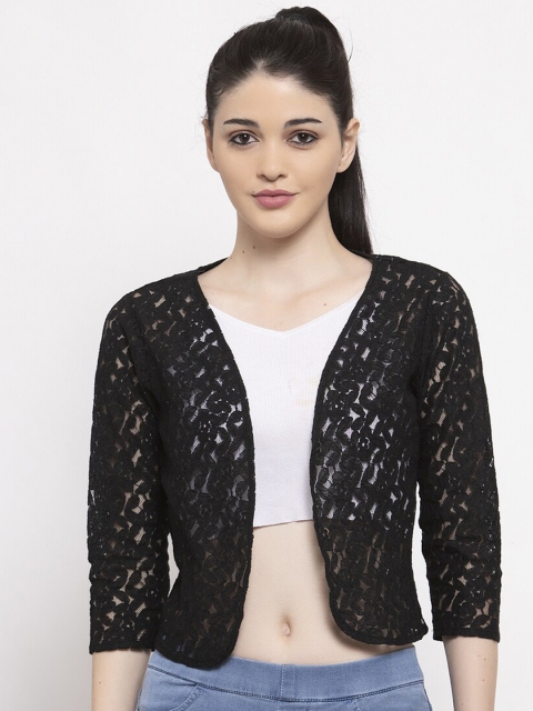 

UnaOne Women Black Self Design Open Front Crop Shrug