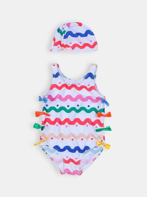 

Hopscotch Girls White All Over Print Swimwear With Hat