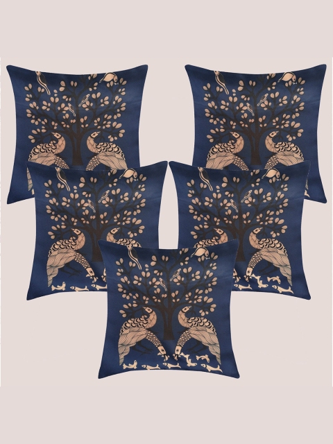 

Molcha Blue & Brown Pack of 5 Peacock design Digital Printed Square Cushion Covers