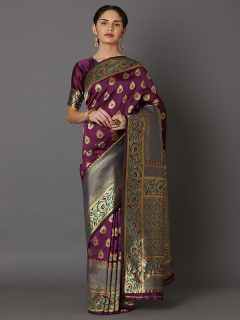 

Mitera Burgundy & Gold-Toned Woven Design Zari Art Silk Banarasi Saree
