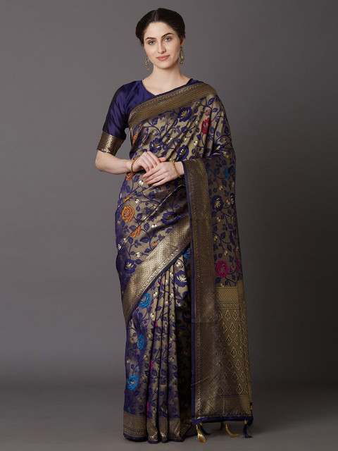 

Mitera Navy Blue & Gold-Toned Floral Zari Art Silk Banarasi Saree