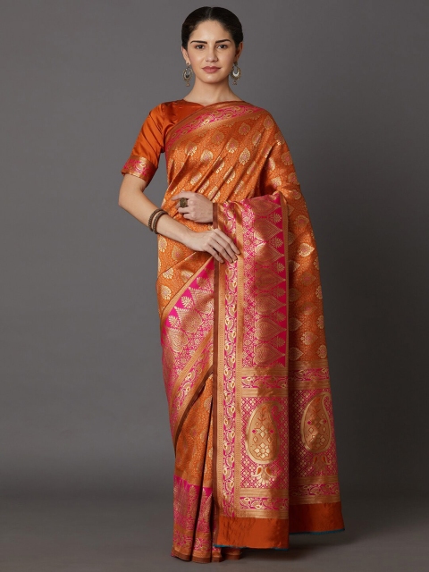 

Mitera Orange & Pink Woven Design Zari Khandua Silk Dharmavaram Saree