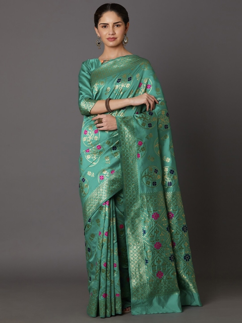 

Mitera Blue & Gold-Toned Floral Zari Khandua Silk Dharmavaram Saree