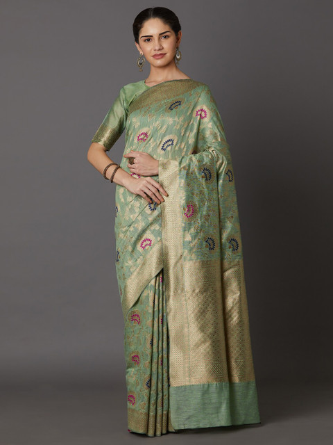 

Mitera Green & Blue Floral Cotton Blend Dharmavaram Saree