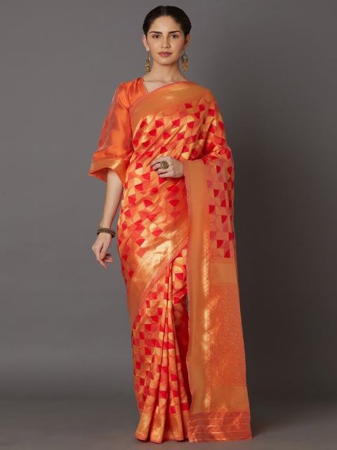 

Mitera Orange & Gold-Toned Woven Design Art Silk Banarasi Saree