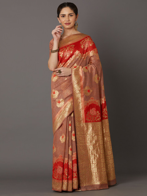 

Mitera Rust & Gold-Toned Ethnic Motifs Zari Silk Blend Kanjeevaram Saree