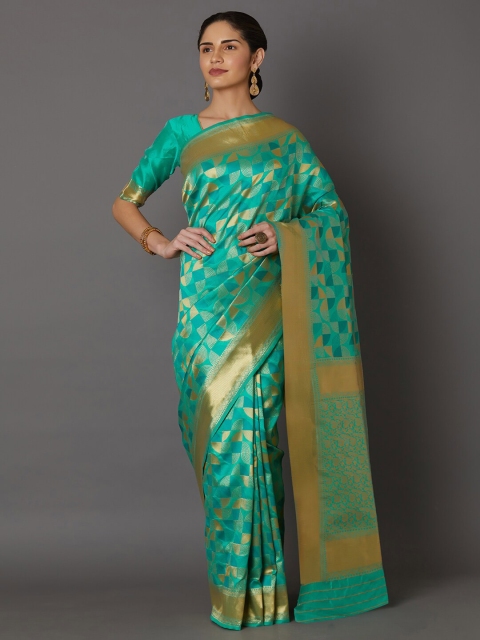 

Mitera Sea Green & Gold-Toned Woven Design Zari Art Silk Banarasi Saree