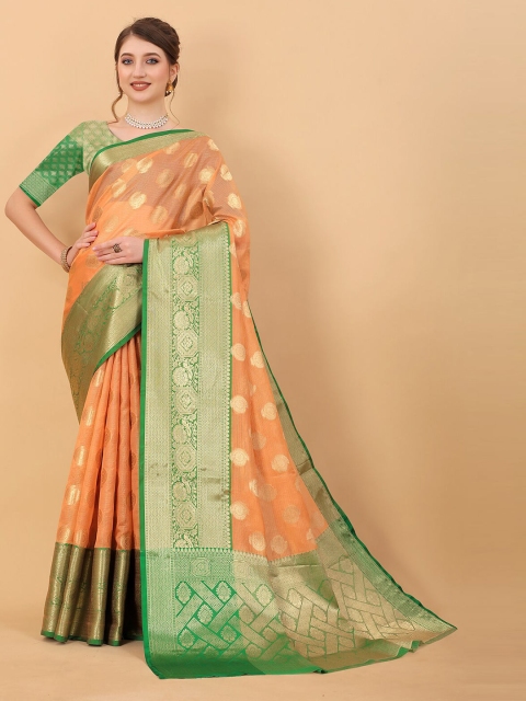 

MARGI DESIGNERS Orange & Green Woven Design Zari Organza Banarasi Saree