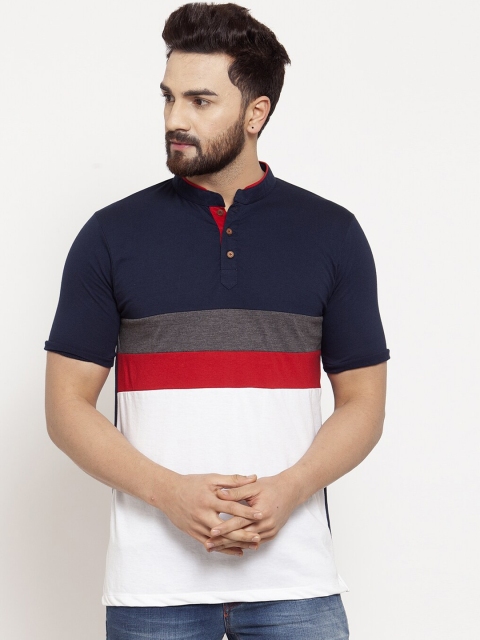 

Kalt Men Red & White Colourblocked Mandarin Collar T-shirt