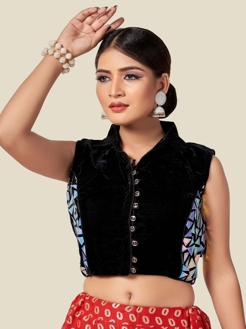

HIMRISE Women Black Embellished Mandarin Collar Saree Blouse
