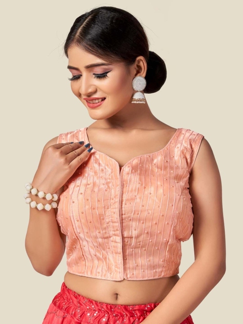 

HIMRISE Women Peach Woven Design Beads Sleeveless Saree Blouse