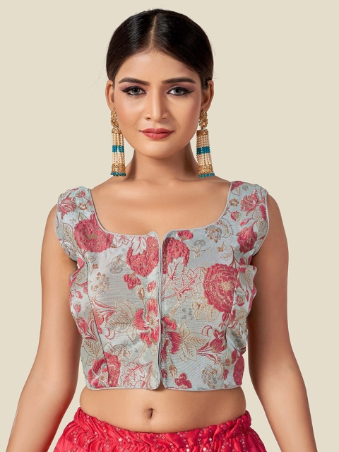 

HIMRISE Women Grey & Maroon Jacquard Weave Saree Blouse, Grey melange