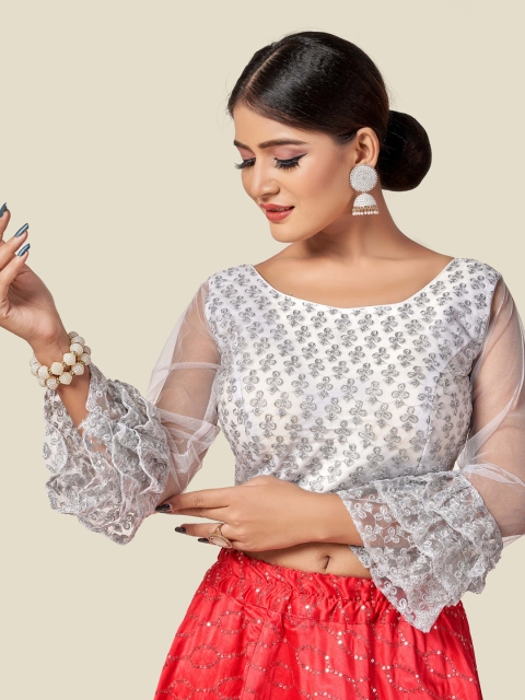 

HIMRISE Women White Embroidered Silk Saree Blouse