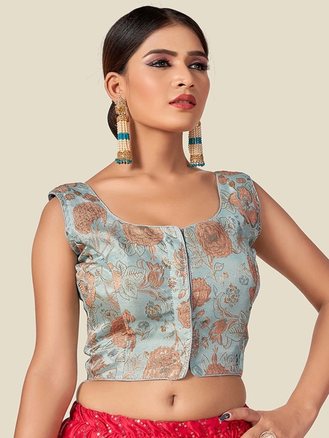 

HIMRISE Blue & Peach Woven Design Saree Blouse
