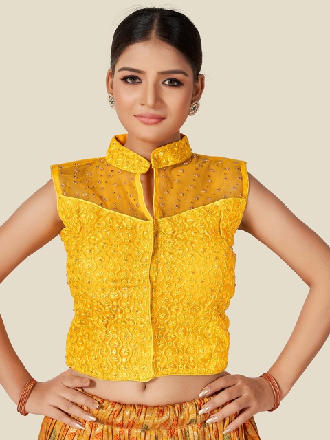 

HIMRISE High Neck Yellow Sleeveless Blouse For Saree