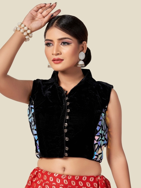 

HIMRISE Collar Neck Half And Half Sky Black Sleeveless Blouse For Saree, Blue