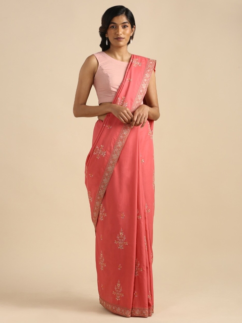 

Taneira Pink Floral Embroidered Pure Cotton Saree