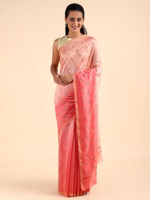 

Taneira Peach-Coloured & Gold-Toned Floral Embroidered Silk Cotton Saree