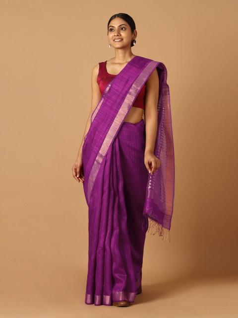 

Taneira Purple & Gold-Toned Woven Design Zari Pure Silk Jamdani Saree