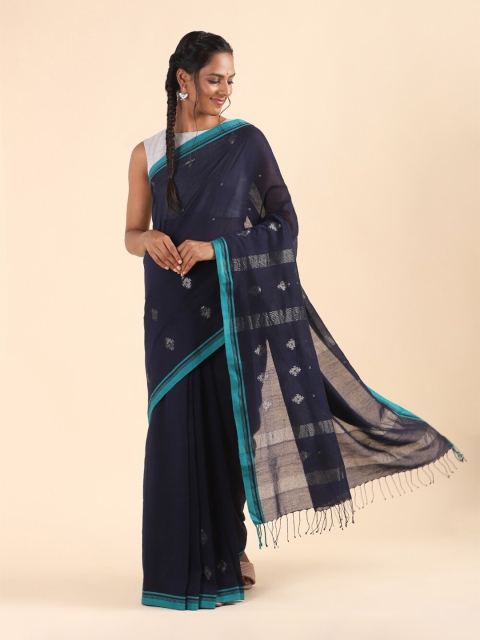 

Taneira Blue & Silver-Toned Ethnic Motifs Pure Cotton Saree