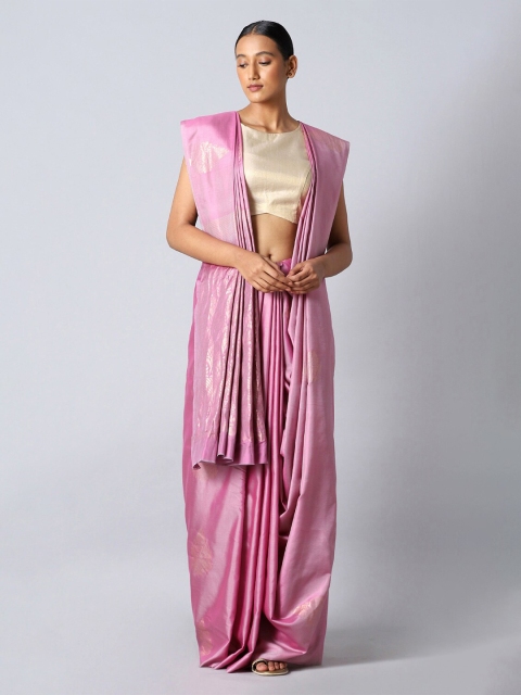 

Taneira Pink & Gold-Toned Woven Design Zari Pure Silk Saree