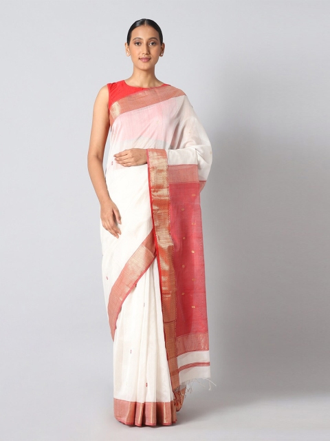 

Taneira Off White & Gold-Toned Woven Design Zari Silk Cotton Maheshwari Saree