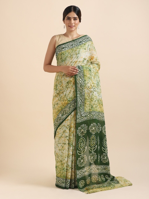 

Taneira Green & White Batik Pure Cotton Saree