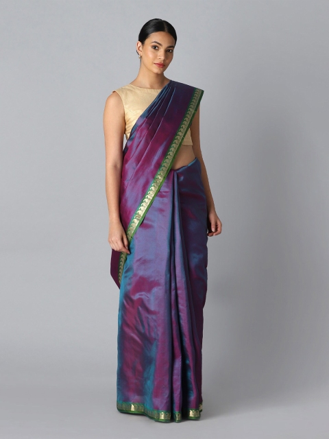 

Taneira Violet & Green Zari Pure Silk Saree With Unstitched Blouse Piece