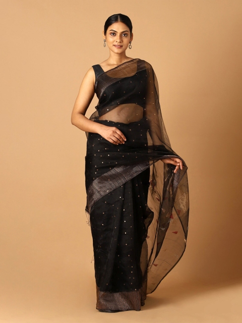 

Taneira Black & Gold-Toned Woven Design Pure Silk Bengal Saree