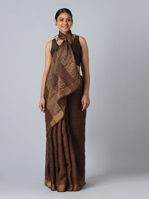 

Taneira Brown & Gold-Toned Striped Zari Pure Silk Bhagalpuri Saree