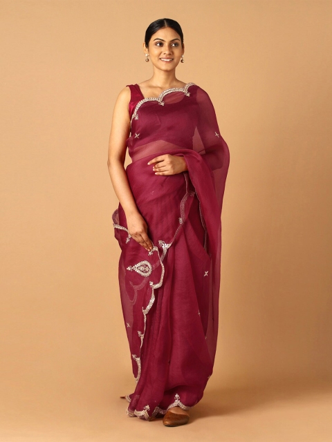 

Taneira Red & Gold-Toned Floral Embroidered Organza Saree