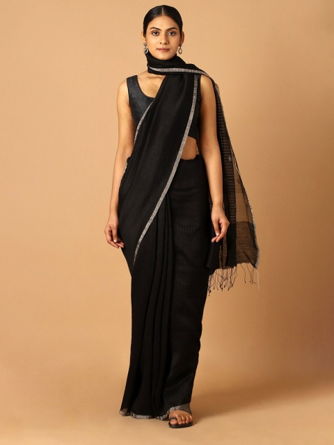 

Taneira Black & Silver-Toned Zari Pure Silk Jamdani Saree